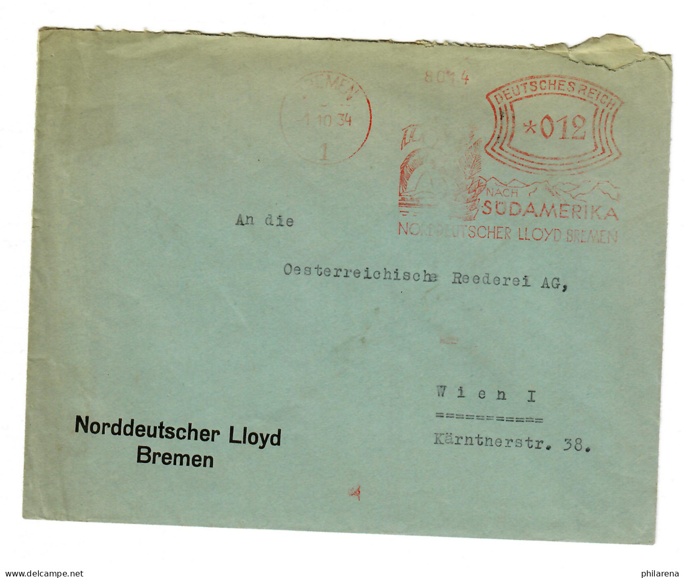 Freistempel Norddeutscher Lloyd, Bremein: Südamerika Fahrt 1934 - Lettres & Documents