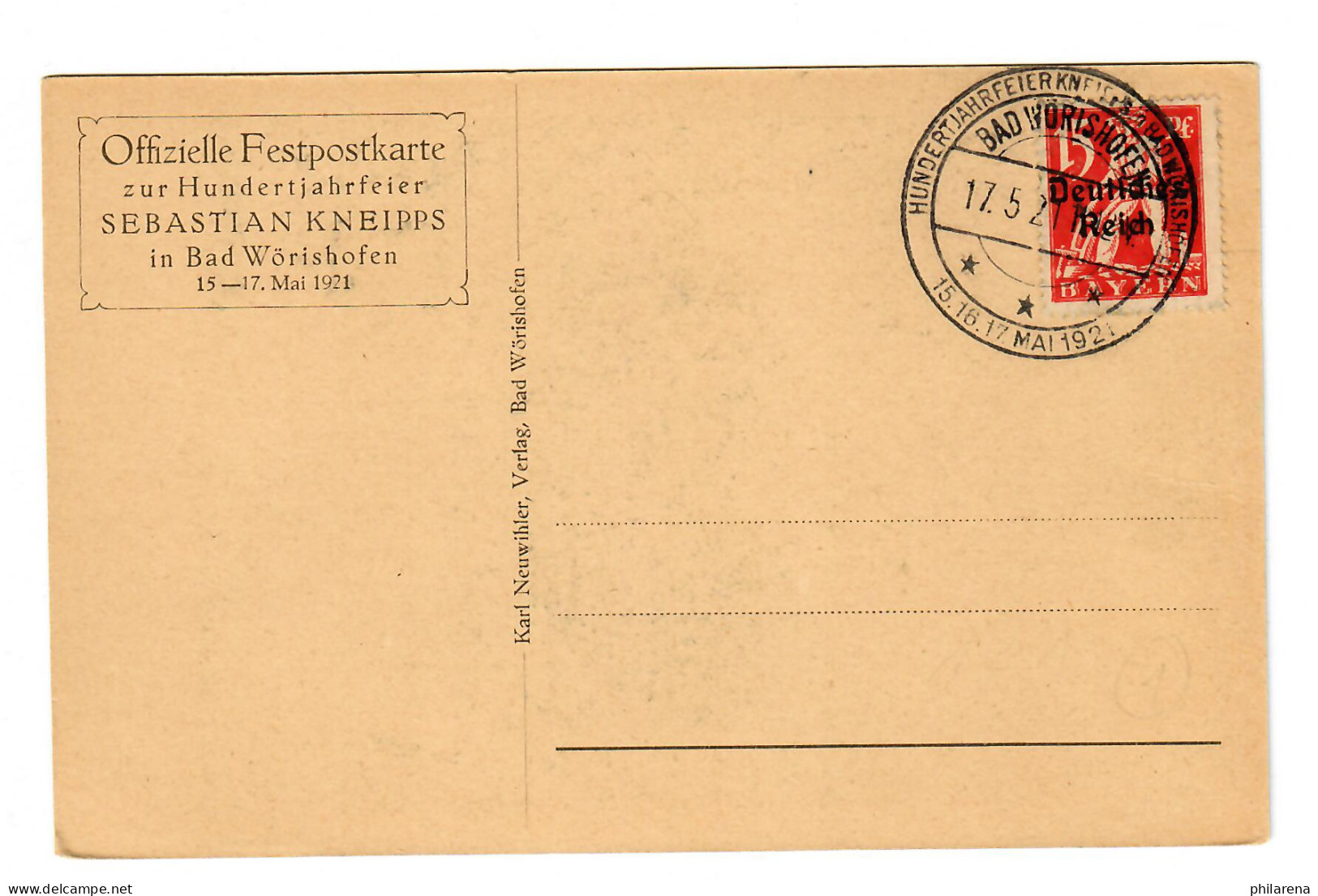 Offizielle Festkarte Hundertjahrfeier Sebastian Kneipp, Bad Wörishofen, 1921 - Lettres & Documents