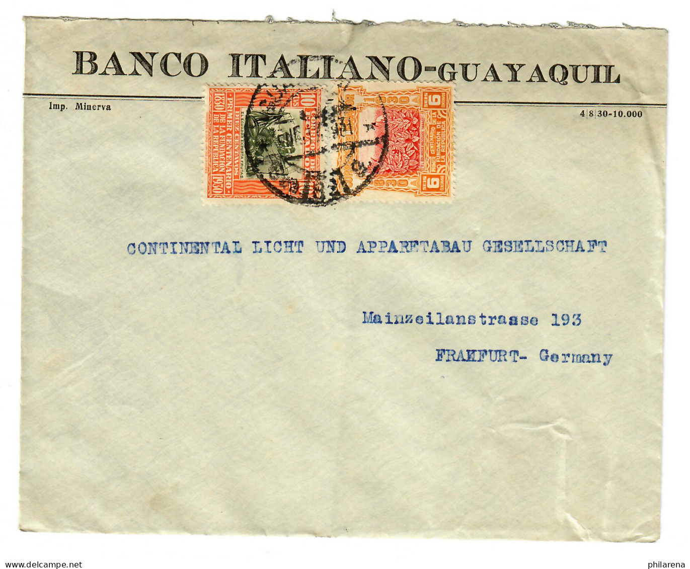 Banco Italiano Guayaquil  1931 Nach Frankfurt / M - Ecuador