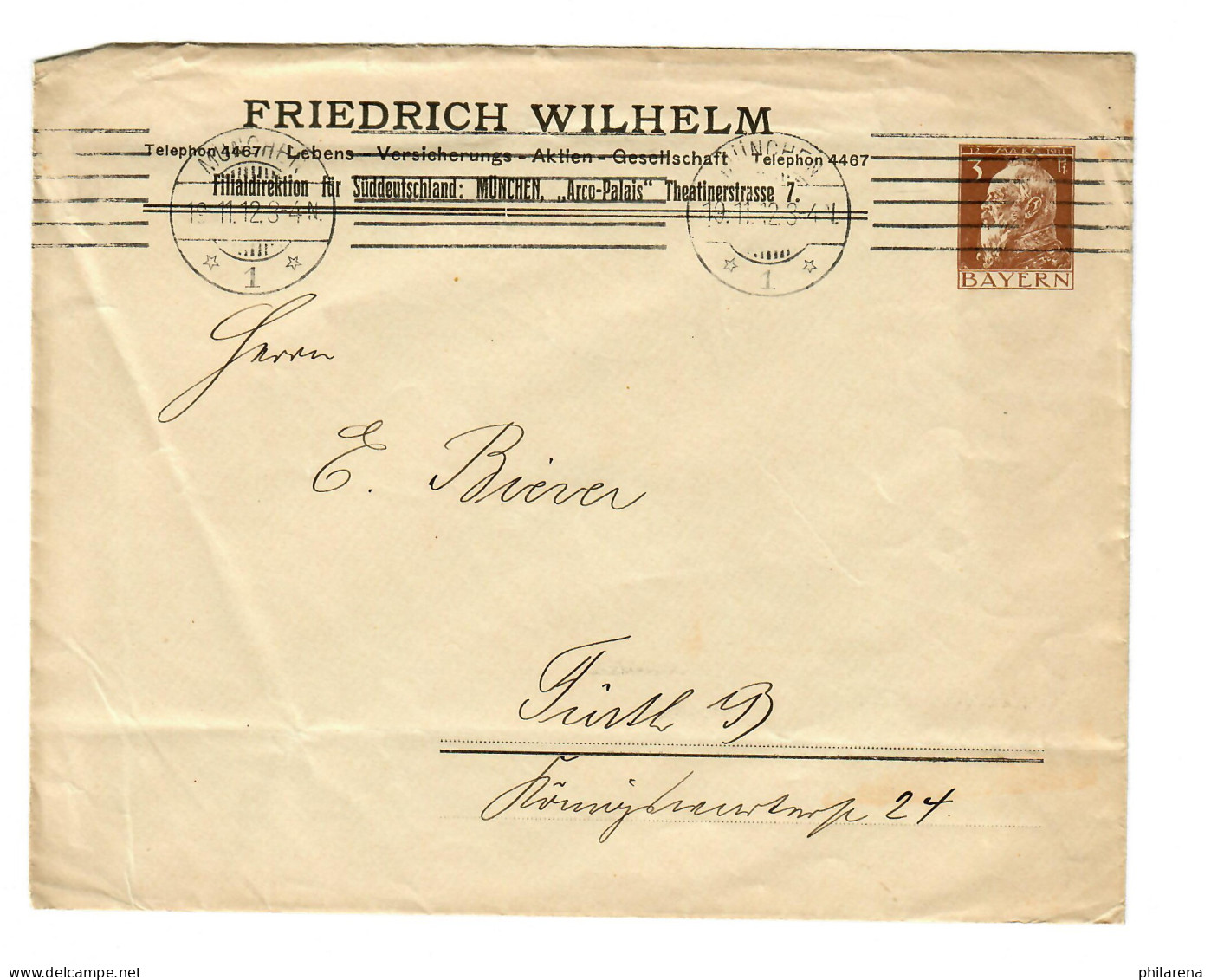 München, Ganzsachen Umschlag 1912 Nach Fürth - Briefe U. Dokumente