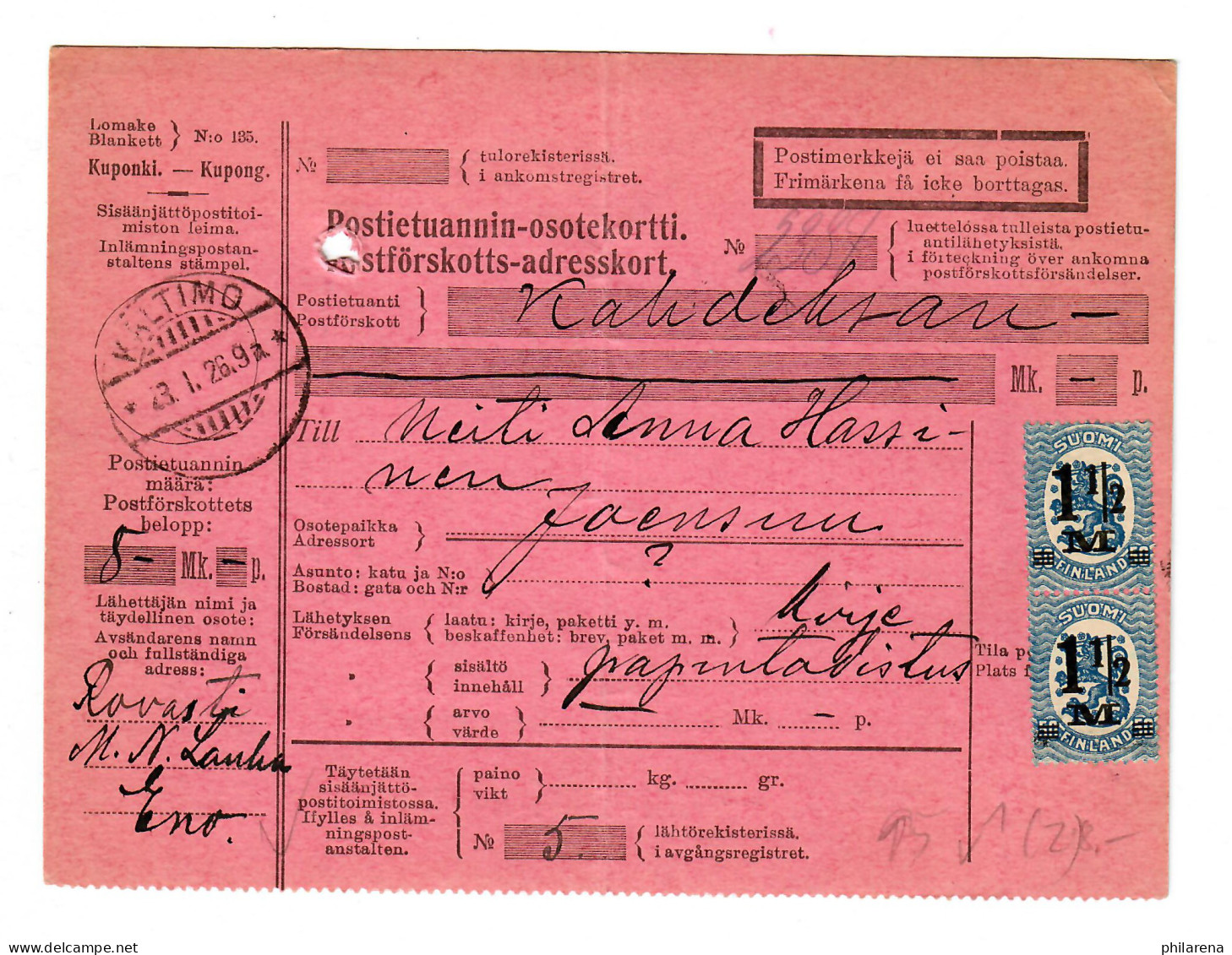 Finnland: Paketkarte Kaltimo 1926 Nach Uoensuu - Altri & Non Classificati