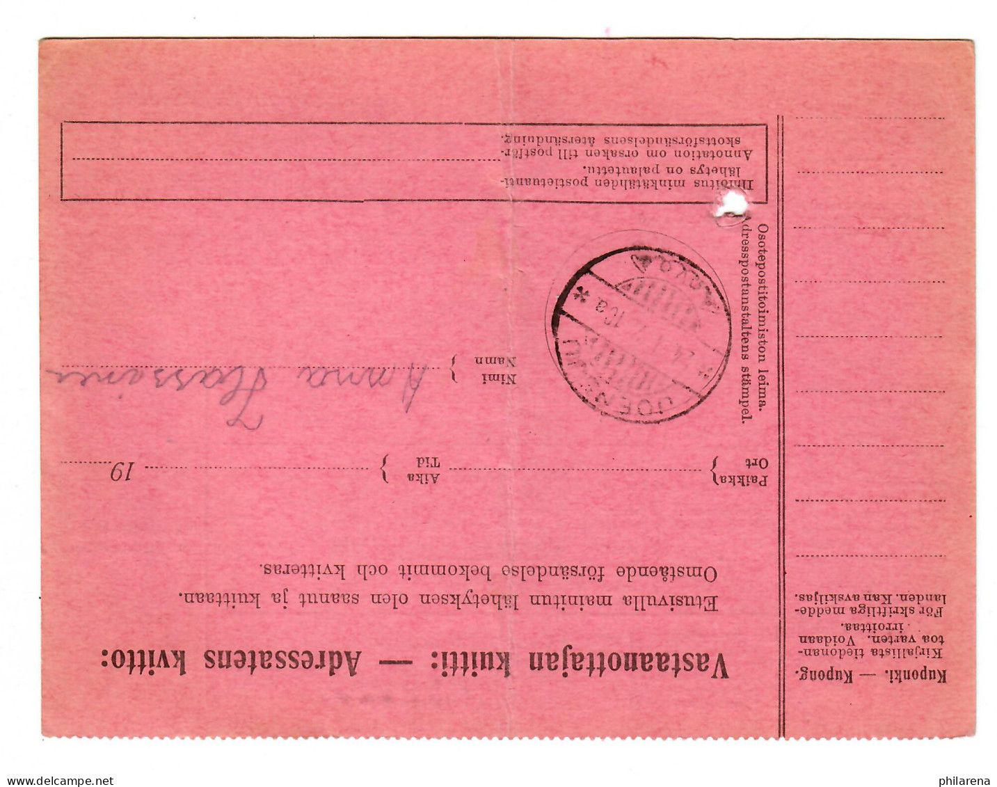 Finnland: Paketkarte Kaltimo 1926 Nach Uoensuu - Sonstige & Ohne Zuordnung