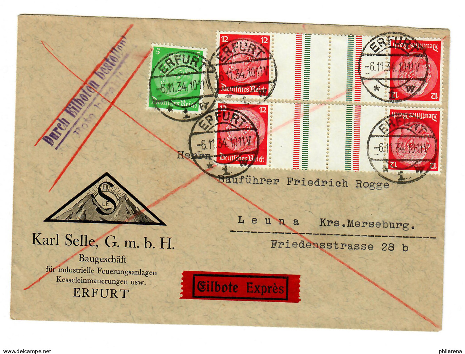 Eilbote Aus Erfurt Nach Leuna Mit Zusammendruck, 1934 - Covers & Documents