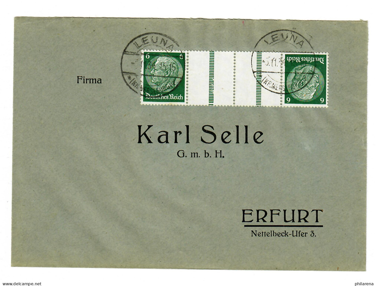Brief Aus Leuna Mit Zusammendruck, Nach Erfurt, 1934 - Briefe U. Dokumente