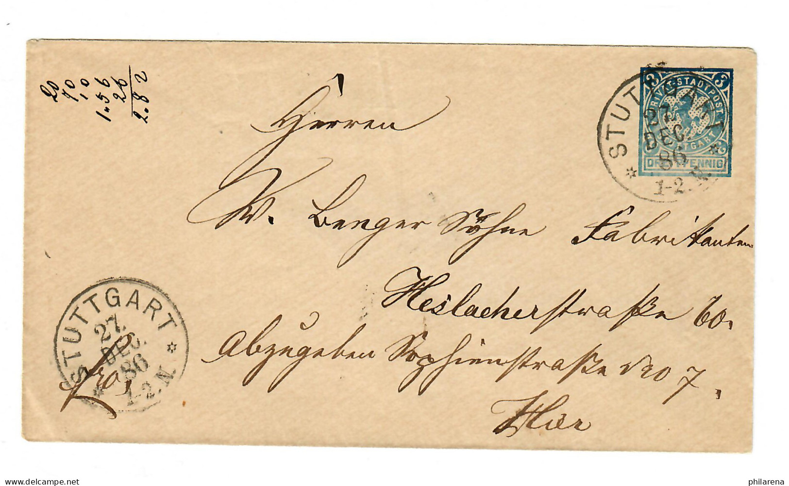 Stadtpost Stuttgart 1886, Ganzsachen Umschlag - Storia Postale