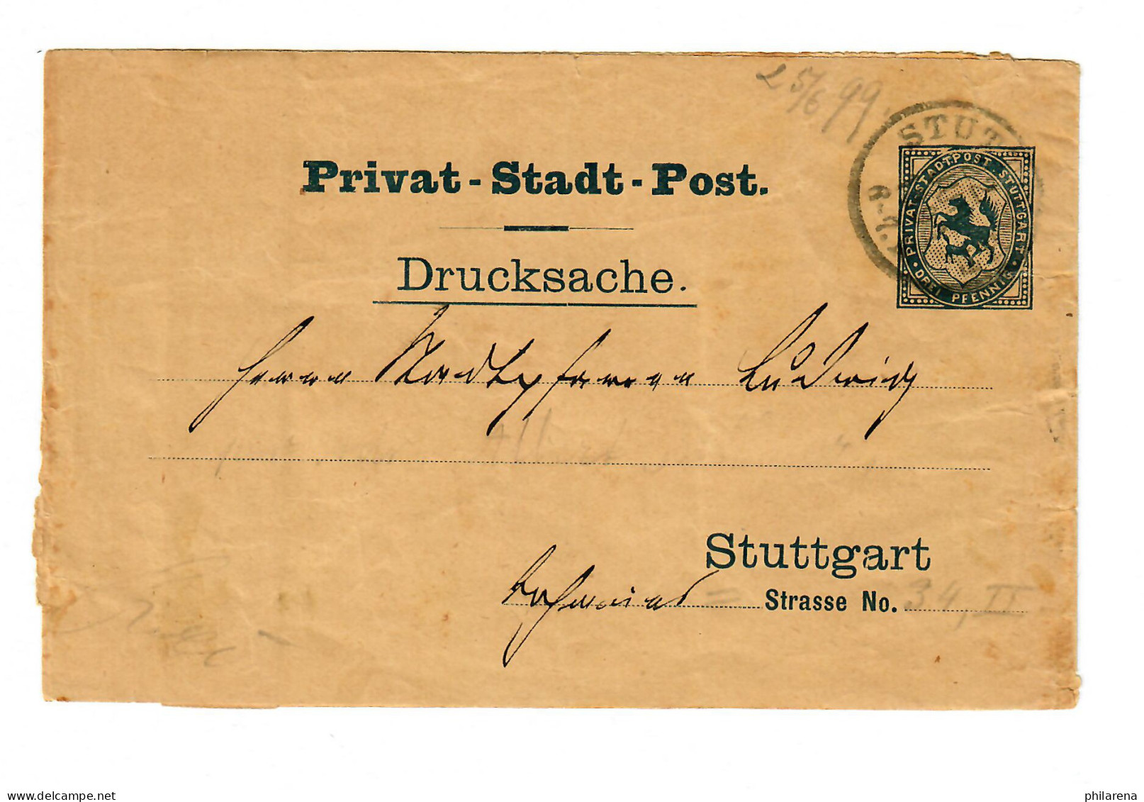 Stadtpost Stuttgart 1899, Streifband - Storia Postale