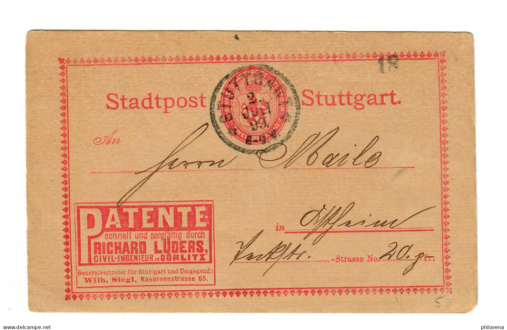 Stadtpost Stuttgart 1899, Patent - Werbung - Cartas & Documentos
