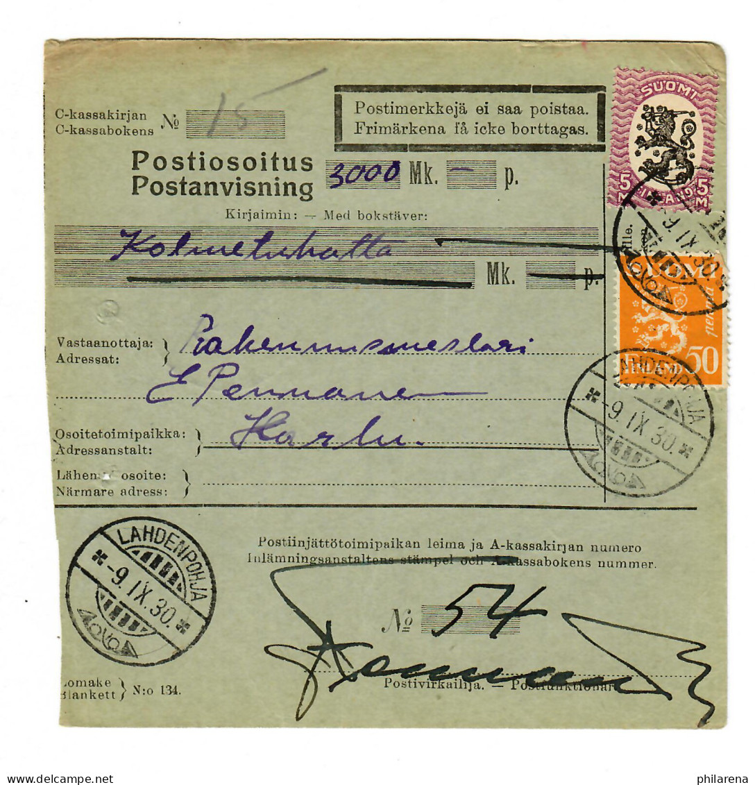 Postanweisung Finnland Lahdenpohja 1930 Nach Harlu - Andere & Zonder Classificatie