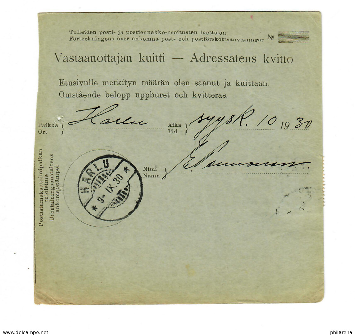 Postanweisung Finnland Lahdenpohja 1930 Nach Harlu - Other & Unclassified