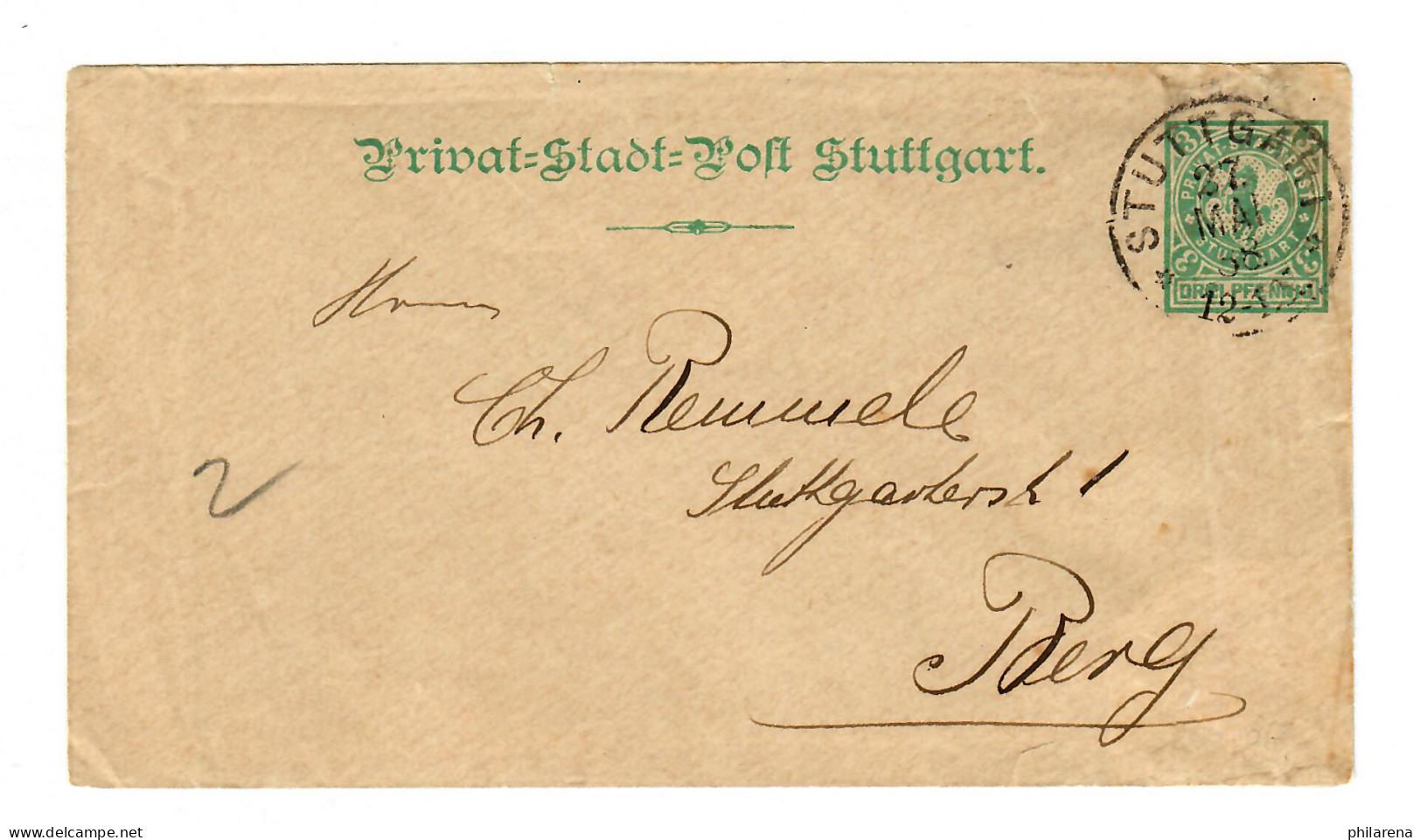 Privat Stadtpost Stuttgart 1888, Ganzsachen Umschlag - Cartas & Documentos