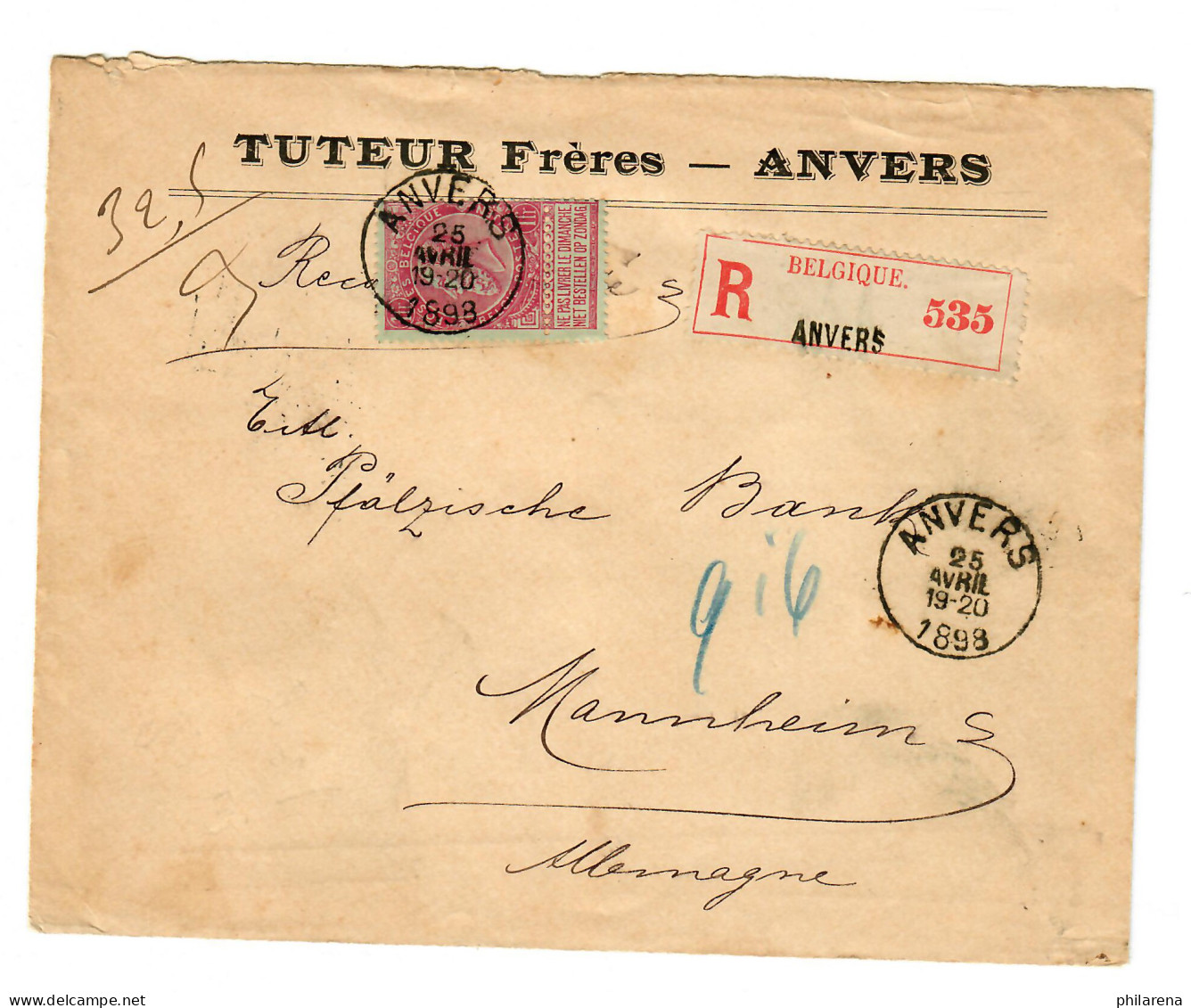 Einschreiben Anvers 1898 Nach Mannheim - Other & Unclassified