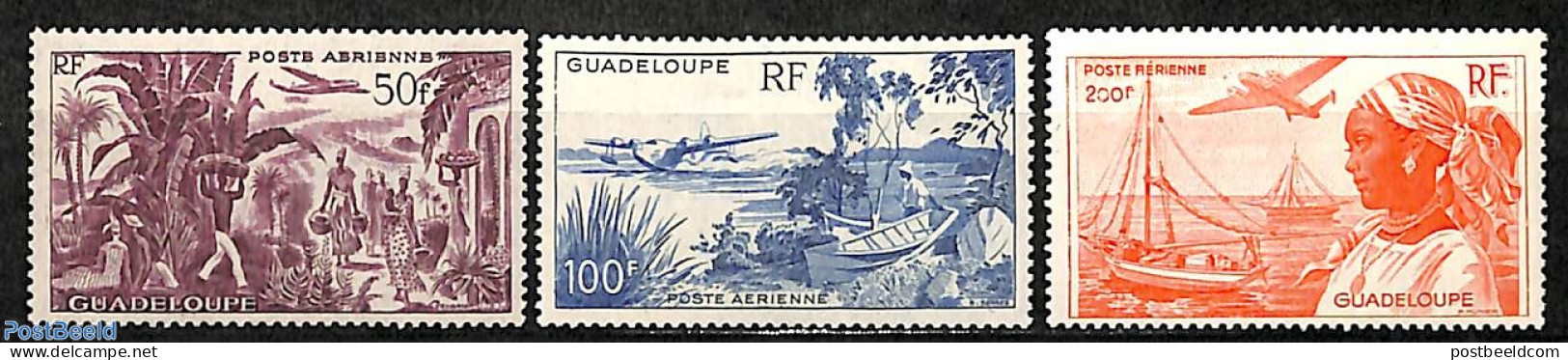 Guadeloupe 1947 VAR.ISLANDVIEWS 3V, Mint NH, Transport - Aircraft & Aviation - Ships And Boats - Ungebraucht