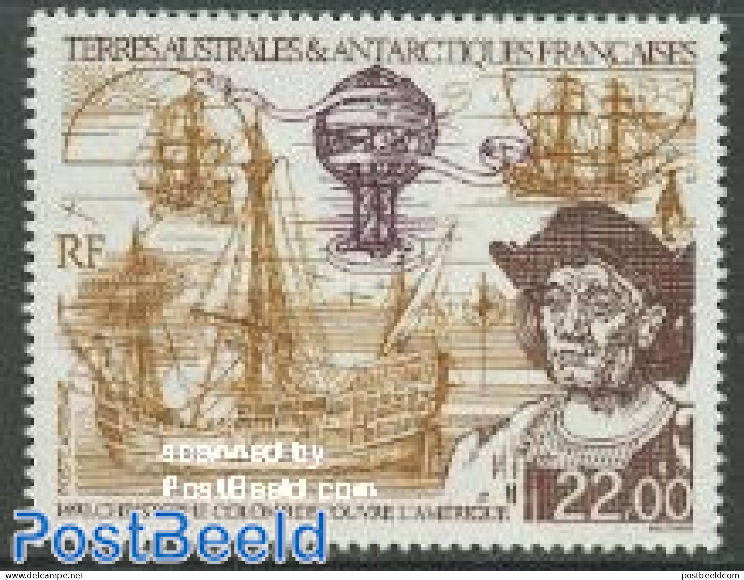 French Antarctic Territory 1992 Discovery Of America 1v, Mint NH, History - Transport - Explorers - Balloons - Ships A.. - Unused Stamps