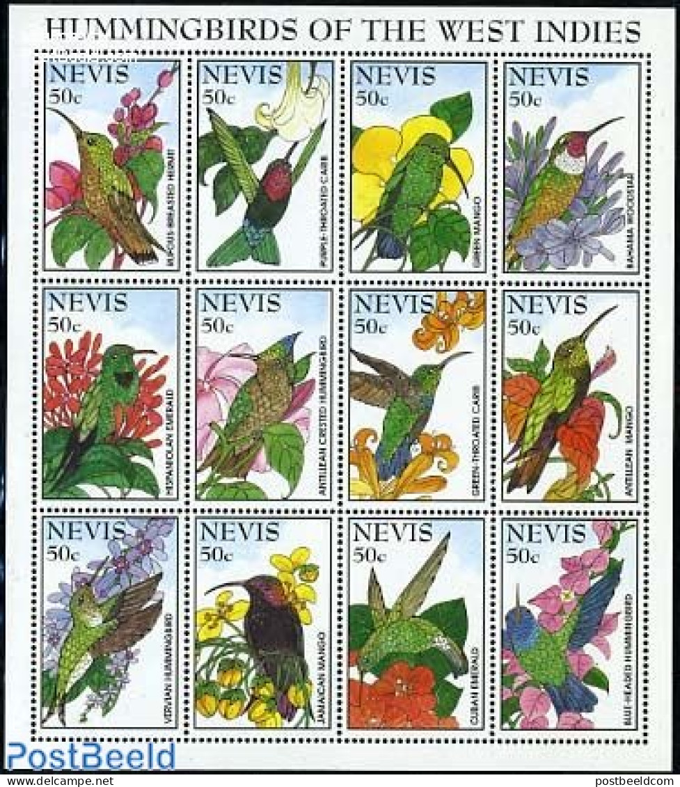 Nevis 1995 Hummingbirds 12v M/s, Mint NH, Nature - Birds - Flowers & Plants - Hummingbirds - St.Kitts Und Nevis ( 1983-...)