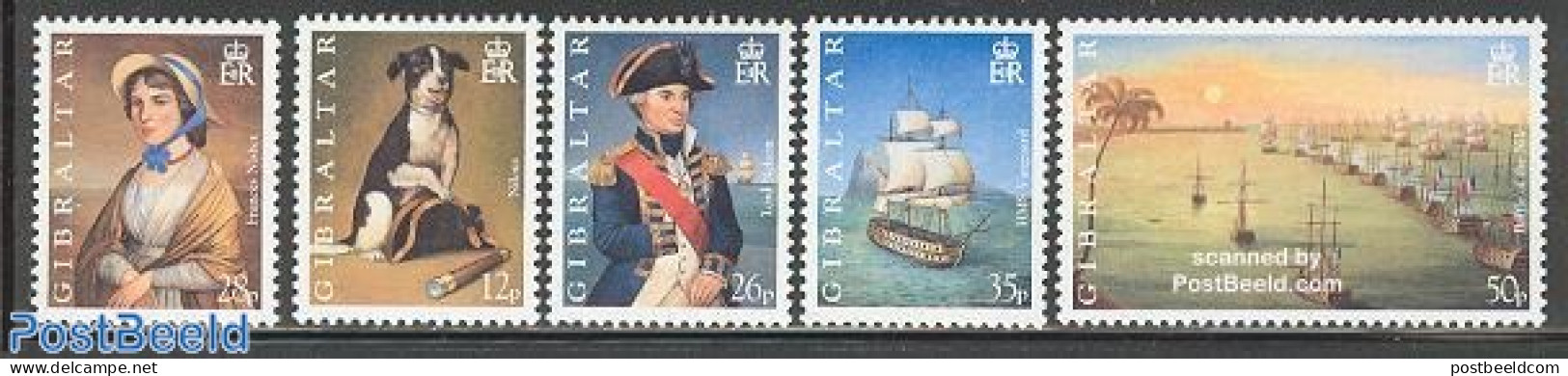 Gibraltar 1998 Battle Of Abukir 5v, Mint NH, History - Nature - Transport - Various - History - Dogs - Ships And Boats.. - Schiffe
