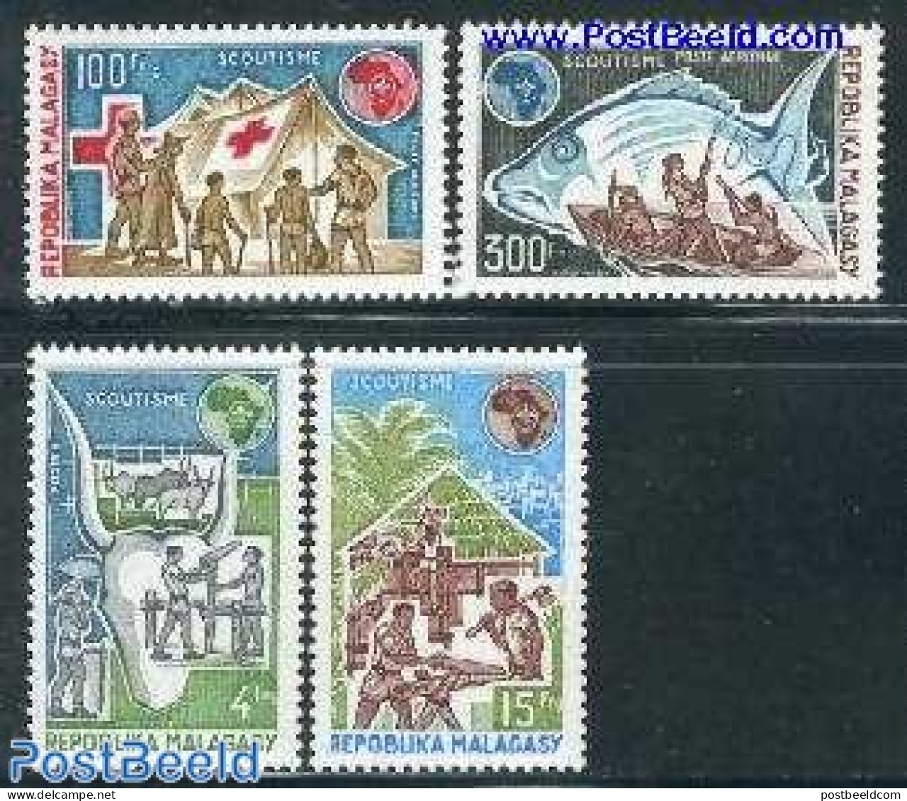 Madagascar 1974 Scouting 4v, Mint NH, Health - Nature - Sport - Red Cross - Cattle - Fishing - Scouting - Rotes Kreuz