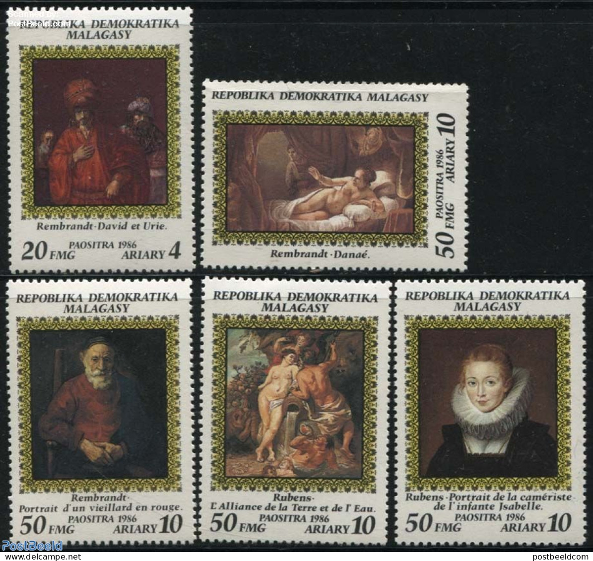 Madagascar 1986 Rembrandt, Rubens 5v, Mint NH, Art - Paintings - Rembrandt - Rubens - Other & Unclassified