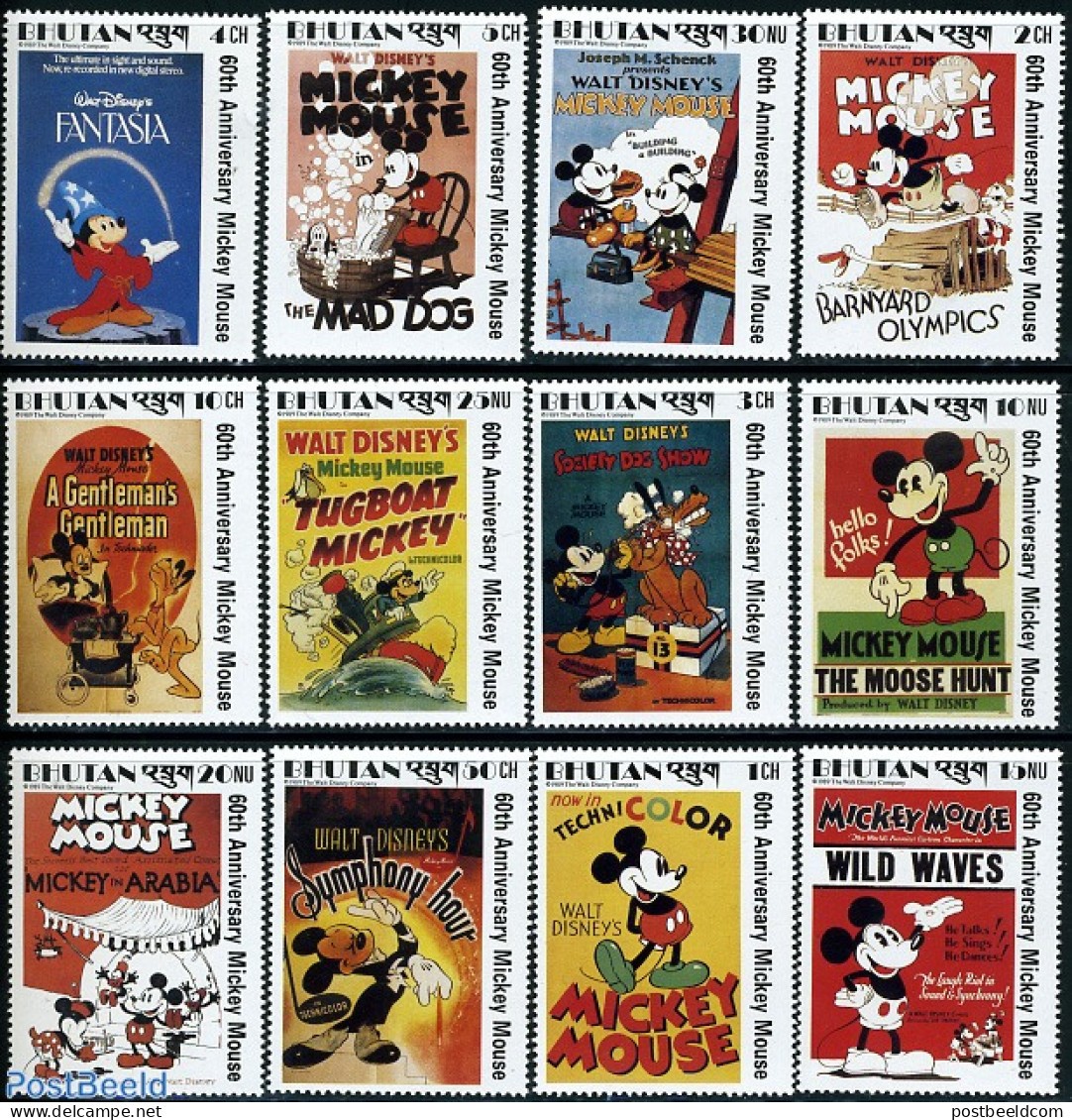 Bhutan 1989 60 Years Mickey Mouse 12v, Mint NH, Art - Disney - Disney
