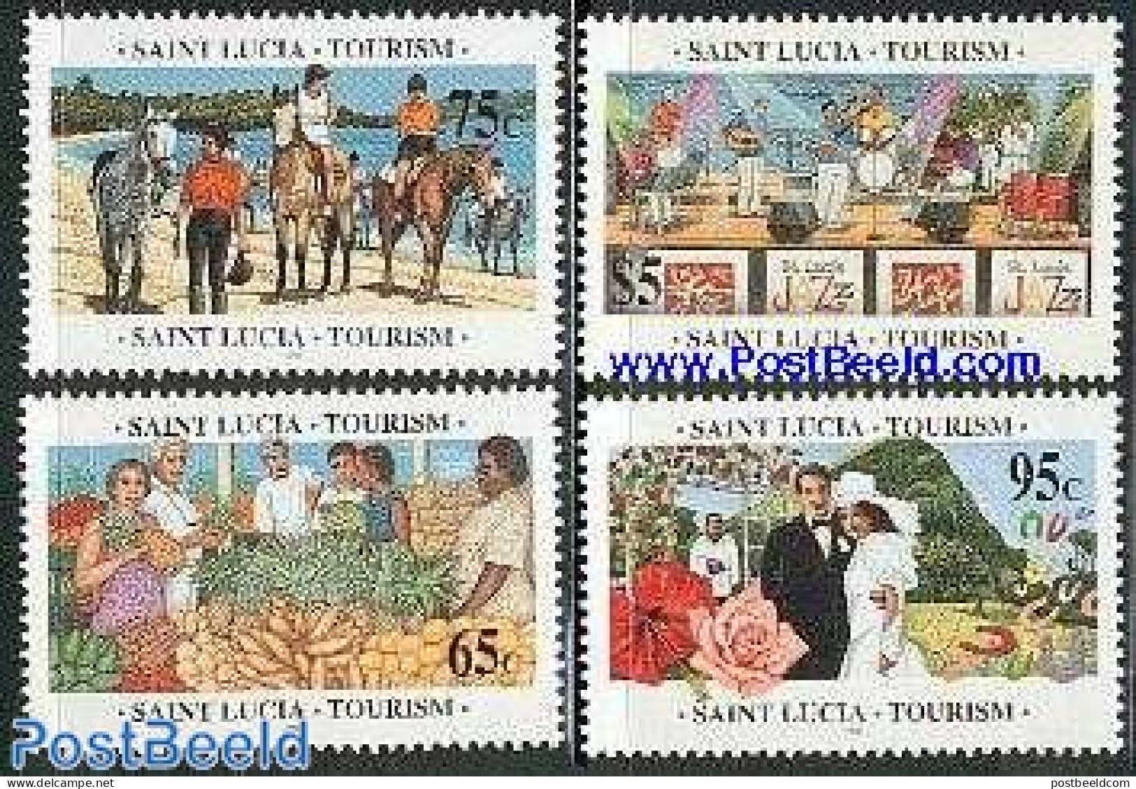 Saint Lucia 1996 Tourism 4v, Mint NH, Nature - Performance Art - Various - Horses - Music - Tourism - Muziek