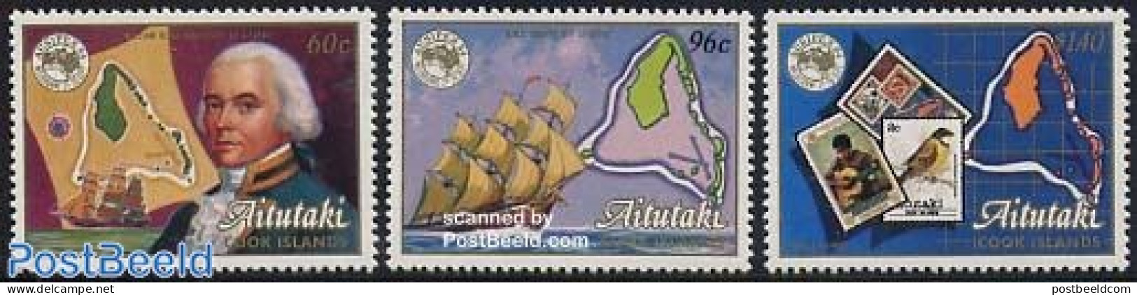 Aitutaki 1984 Ausipex 3v, Mint NH, Nature - Transport - Various - Birds - Philately - Stamps On Stamps - Ships And Boa.. - Postzegels Op Postzegels