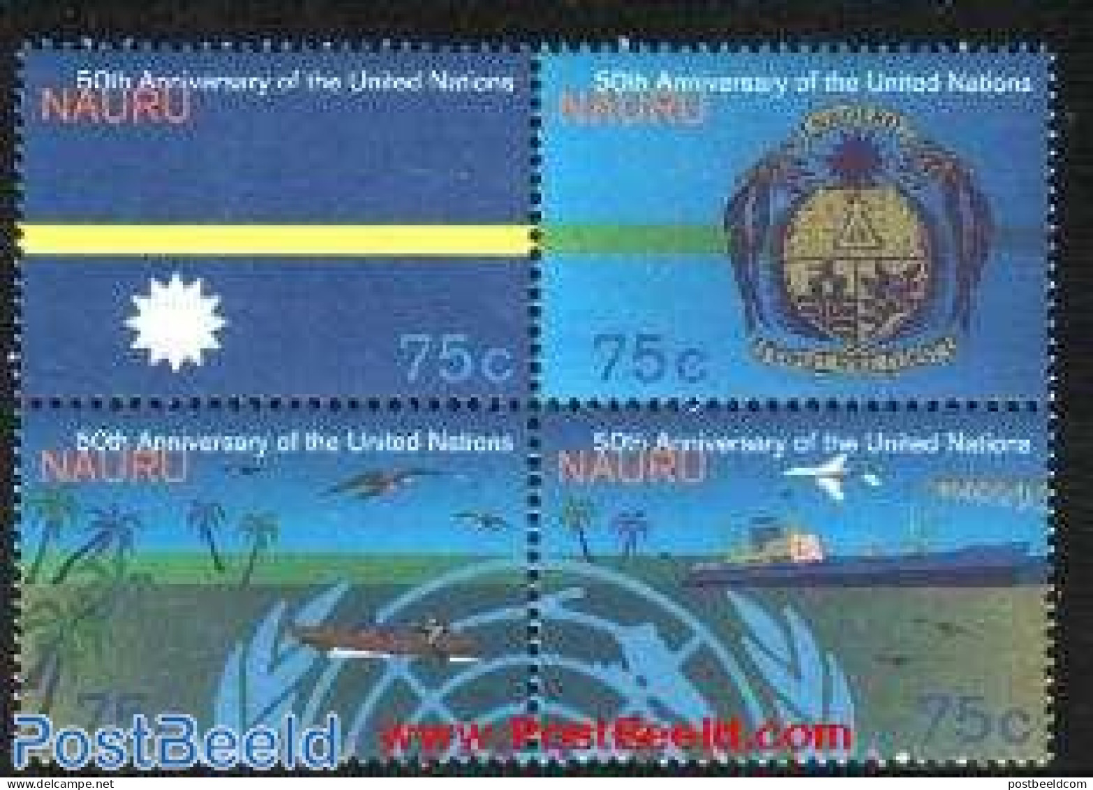 Nauru 1995 50 Years UNO 4v [+], Mint NH, History - Nature - Transport - Coat Of Arms - Flags - United Nations - Birds .. - Airplanes