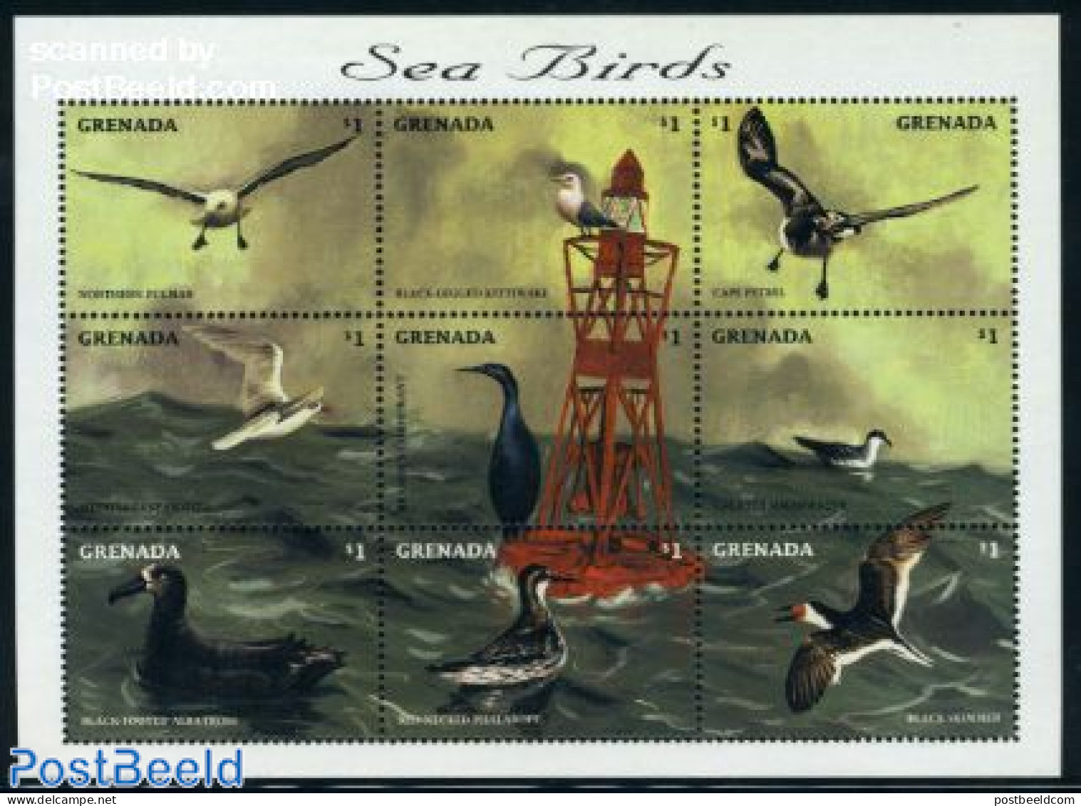 Grenada 1998 Sea Birds 9v M/s, Mint NH, Nature - Various - Birds - Lighthouses & Safety At Sea - Vuurtorens