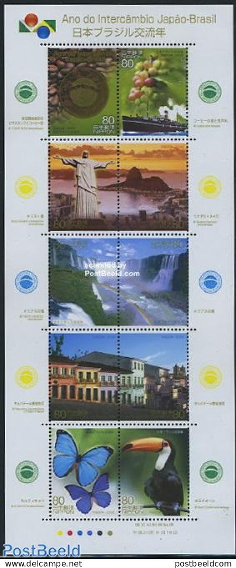 Japan 2008 Japan-Brazil 10v M/s, Mint NH, Nature - Transport - Various - Birds - Butterflies - Fruit - Water, Dams & F.. - Ongebruikt