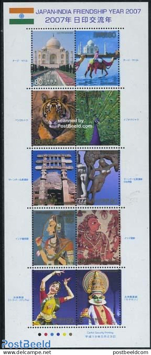 Japan 2007 Friendship With India 10v M/s, Mint NH, Nature - Birds - Camels - Cat Family - Poultry - Art - Architecture.. - Nuovi