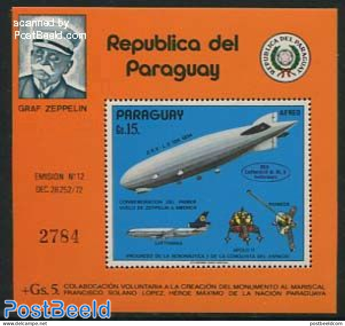 Paraguay 1975 Zeppelin Flight Of 1924 S/s, Mint NH, Transport - Aircraft & Aviation - Space Exploration - Zeppelins - Vliegtuigen