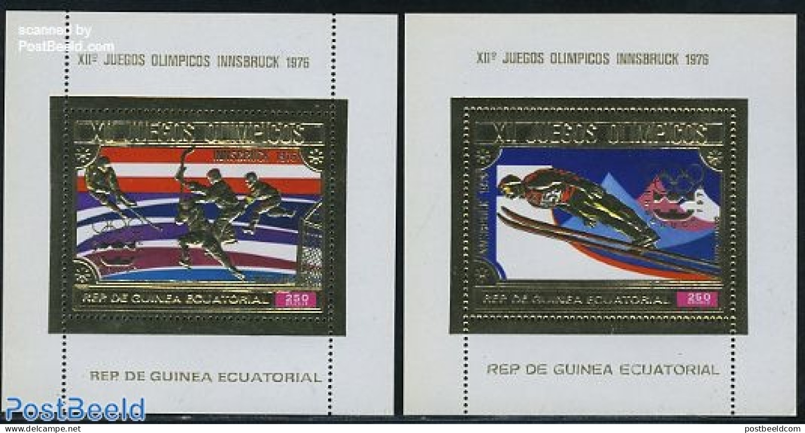 Equatorial Guinea 1975 Winter Olympic Games 2 S/s, Gold, Mint NH, Sport - Ice Hockey - Olympic Winter Games - Skiing - Hockey (Ice)