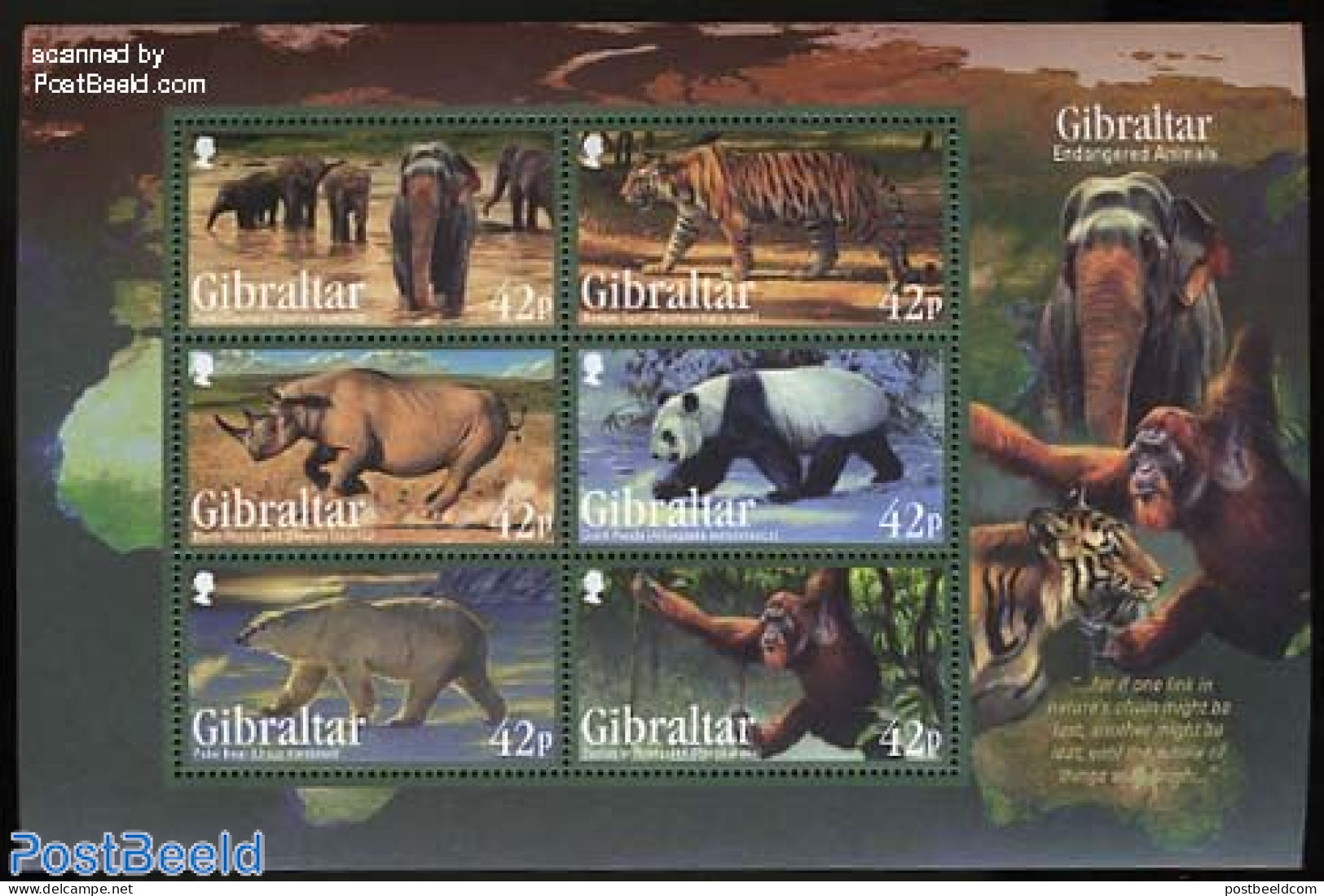 Gibraltar 2011 Endangered Animals 6v M/s, Mint NH, Nature - Animals (others & Mixed) - Bears - Cat Family - Elephants .. - Gibraltar