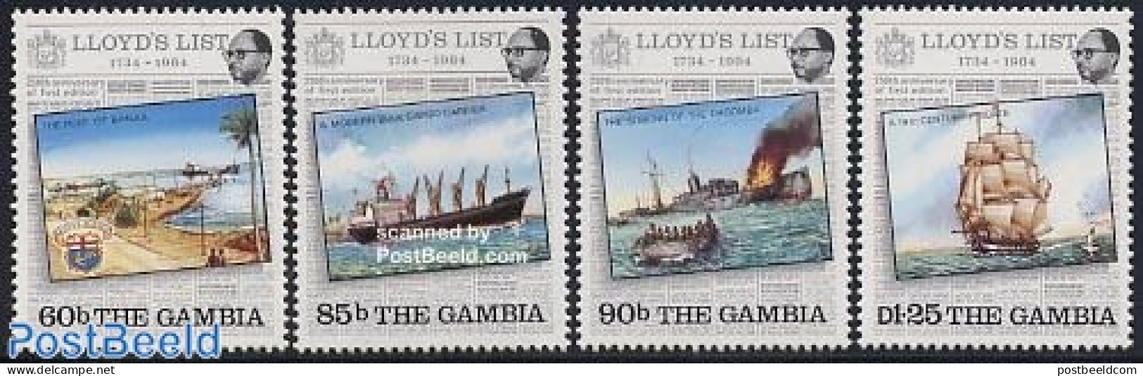 Gambia 1984 Lloyds List 4v, Mint NH, Transport - Various - Fire Fighters & Prevention - Ships And Boats - Banking And .. - Bombero