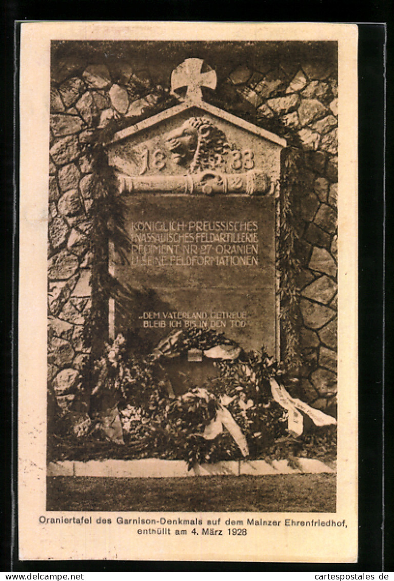 AK Mainz, Oraniertafel Des Garnison-Denkmals Auf Dem Ehrenfriedhof  - Mainz