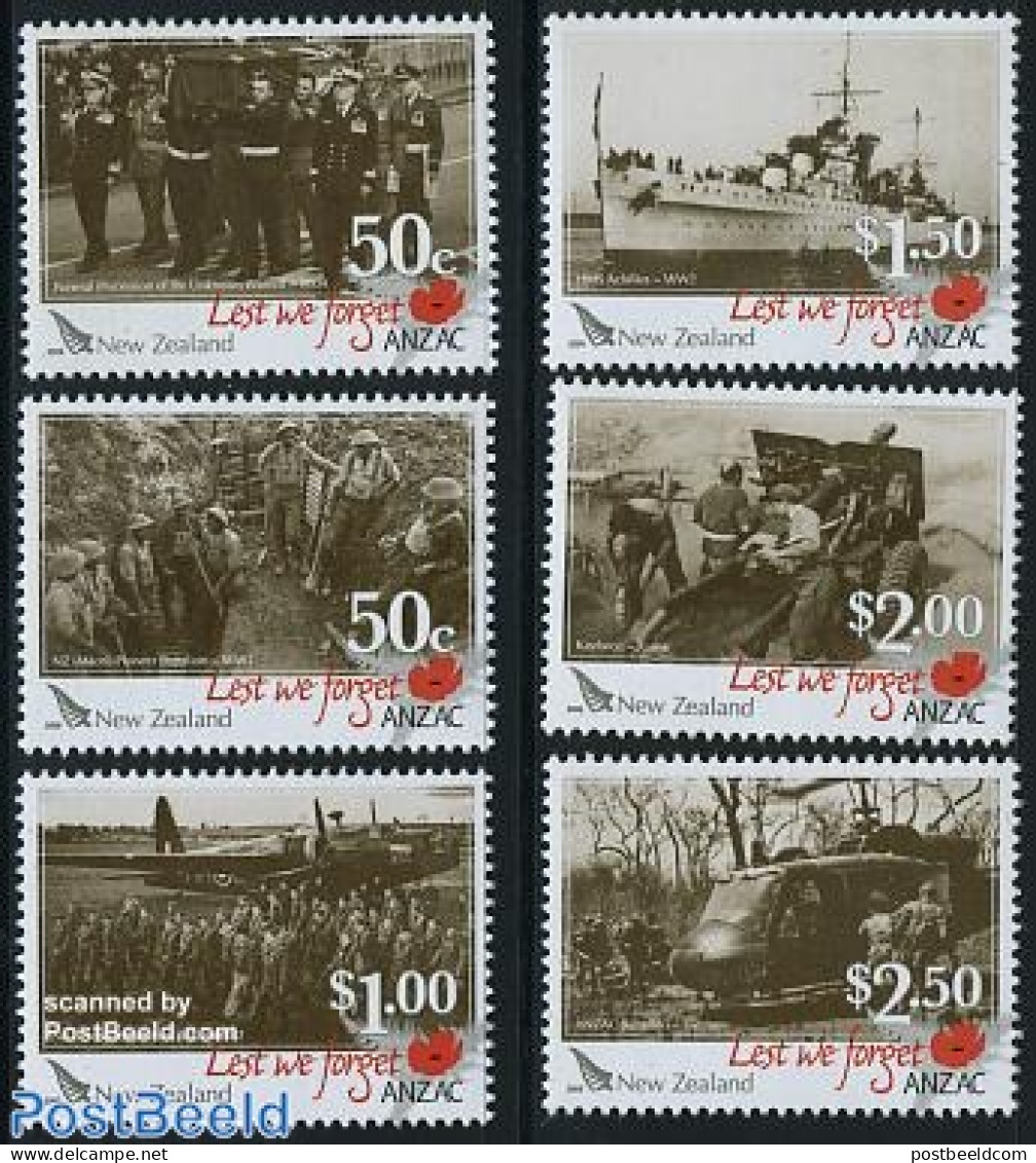 New Zealand 2009 ANZAC 6v, Mint NH, History - Transport - Militarism - World War II - Helicopters - Aircraft & Aviatio.. - Unused Stamps