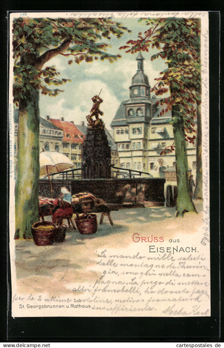 Lithographie Eisenach, Ortspartie Mit Brunnen  - Eisenach