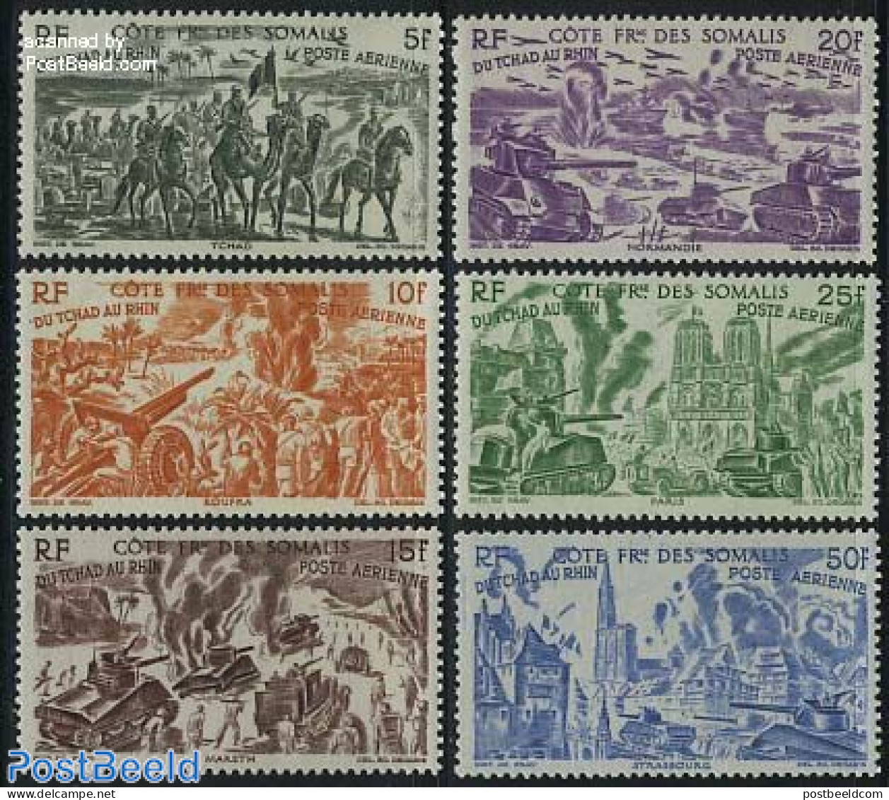 French Somalia 1946 Victory 6v, Mint NH, History - Nature - Religion - Transport - World War II - Animals (others & Mi.. - WW2