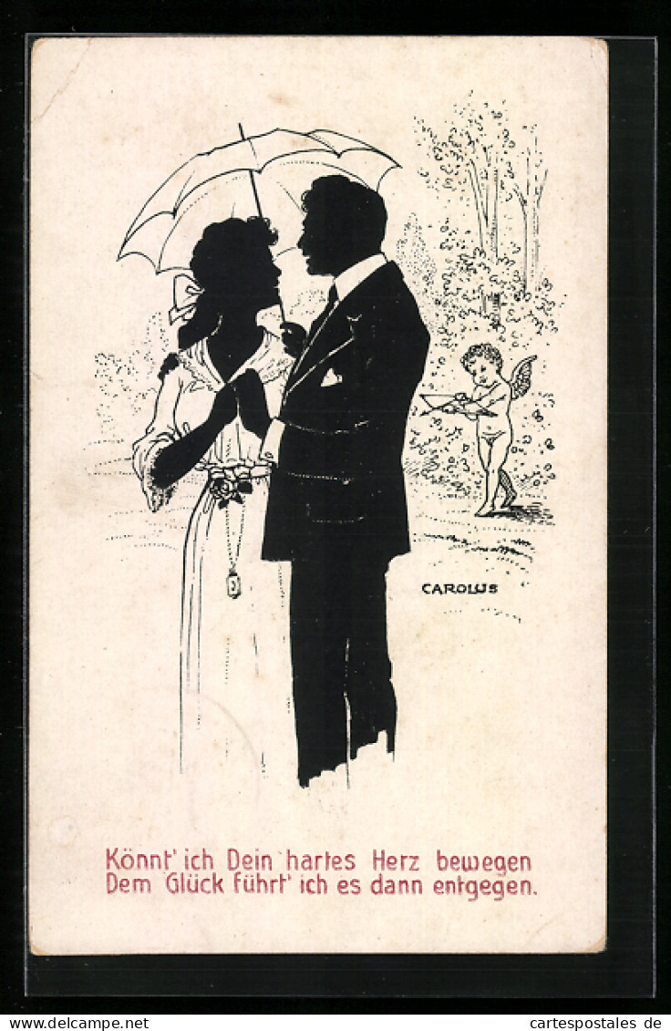 Künstler-AK Sign.Carlous: Scherenschnitt, Mann Und Frau Unter Einem Regenschirm, Im Hintergrund Amor  - Silhouettes