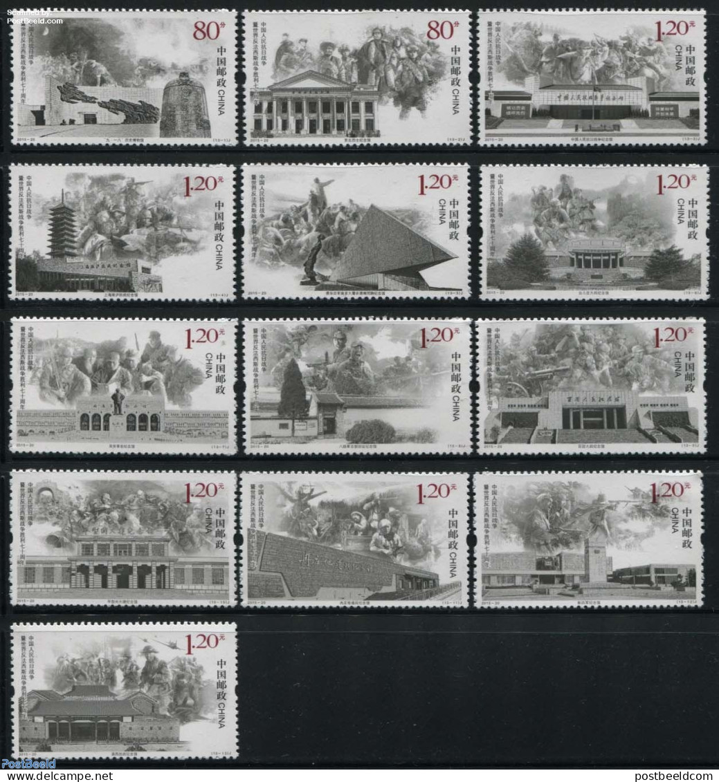 China People’s Republic 2015 70 Years Victory In WWII 13v, Mint NH, History - Transport - Militarism - World War II .. - Unused Stamps