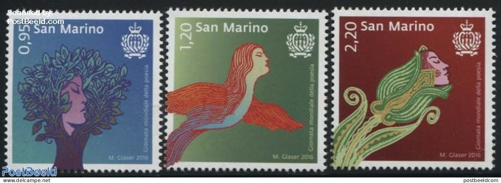 San Marino 2016 International Day Of Poetry 3v, Mint NH, Nature - Birds - Flowers & Plants - Trees & Forests - Ongebruikt