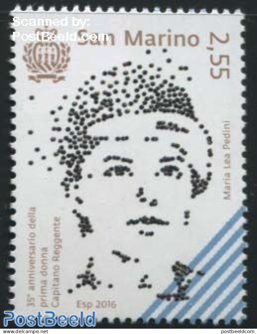 San Marino 2016 35 Years First Female Captain Regent 1v, Mint NH, History - Politicians - Nuovi