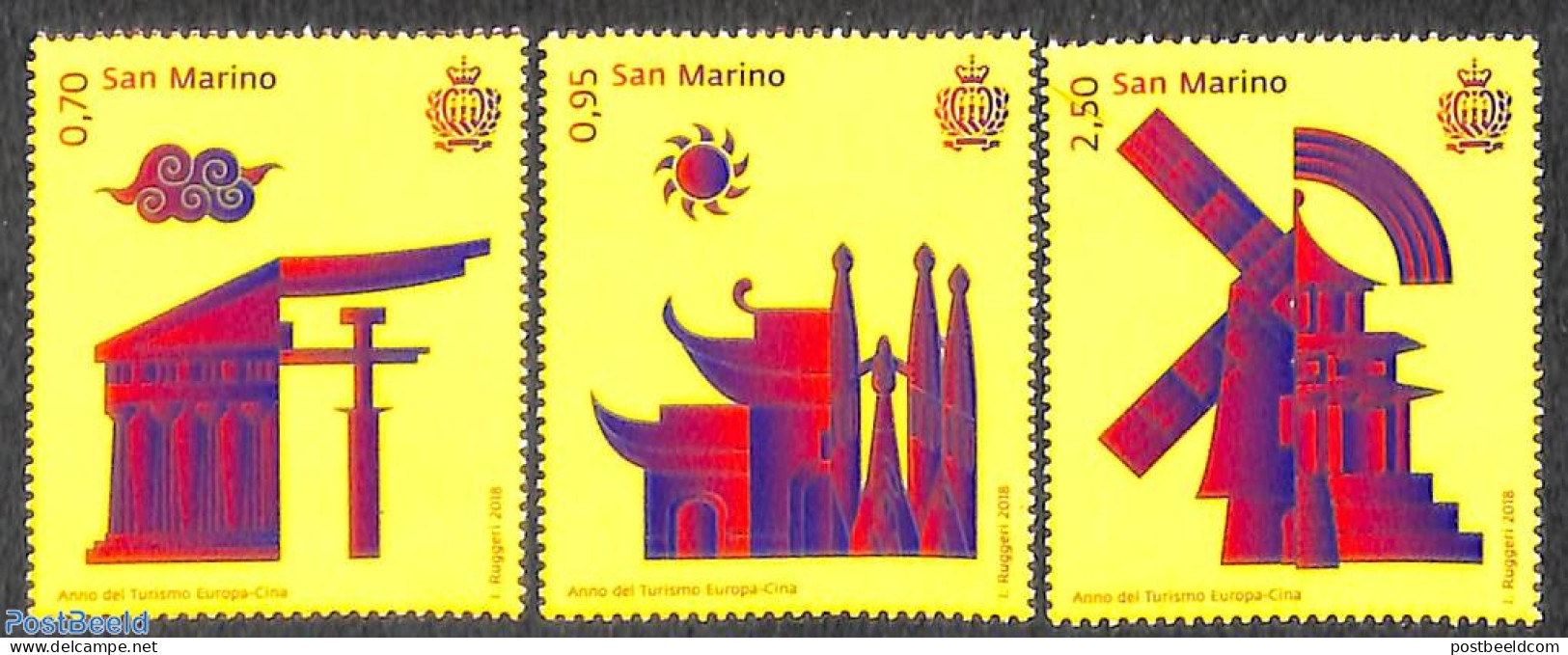 San Marino 2018 Europa China Tourism Year 3v, Mint NH, Various - Mills (Wind & Water) - Tourism - Unused Stamps