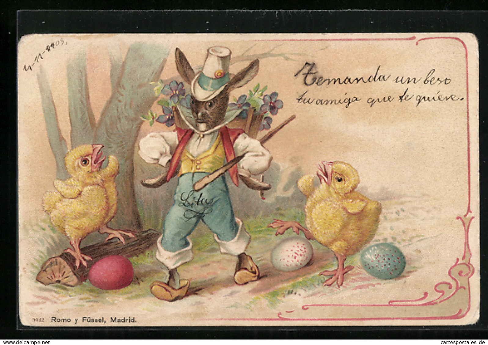 Lithographie Osterhase Und Küken Beim Spaziergang  - Easter