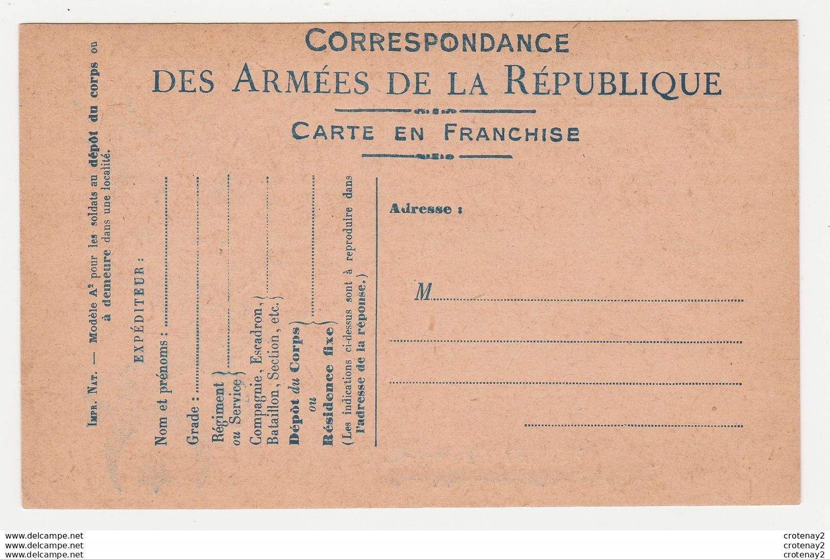 Militaria TIRAILLEUR N°2 Correspondance Des Armées De La République VOIR DOS Carte En Franchise Illustrateur Scof ? 1914 - Weltkrieg 1914-18