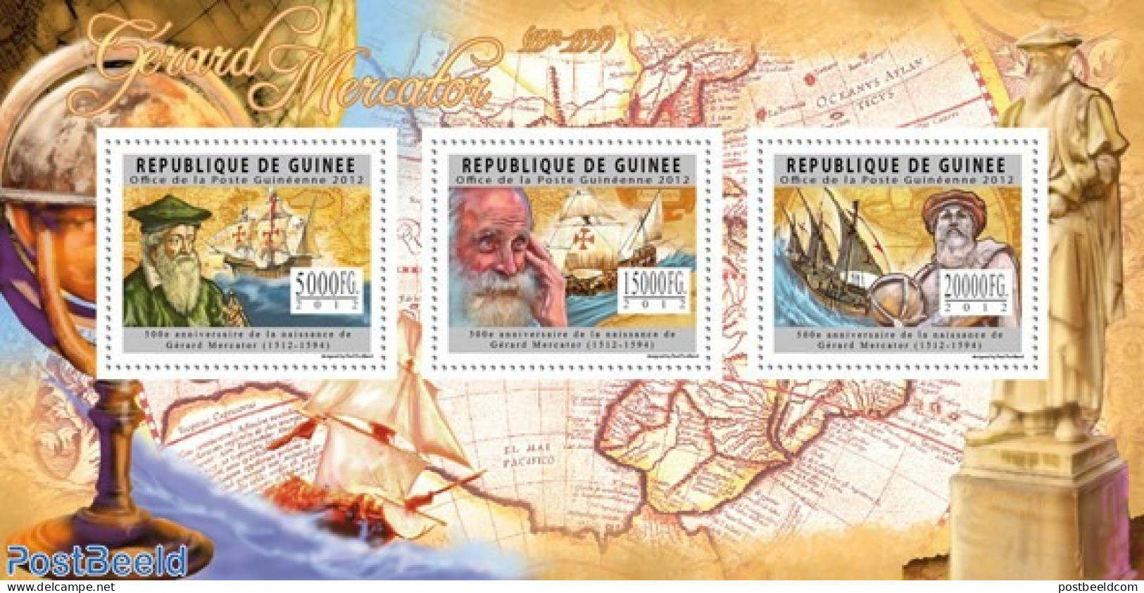 Guinea, Republic 2012 Gerard Mercator, Mint NH, History - Transport - Various - Explorers - Ships And Boats - Maps - Esploratori