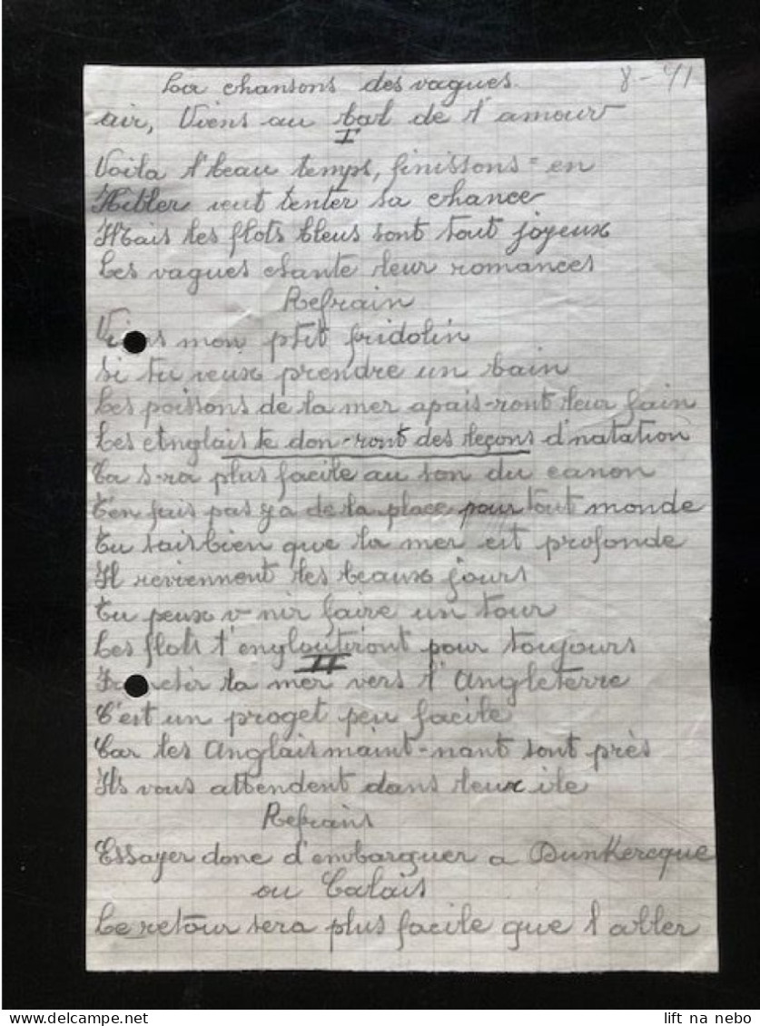 Tract Presse Clandestine Résistance Belge WWII WW2 'La Chanson Des Vague' Handwritten On Both Sides Of The Sheet - Dokumente