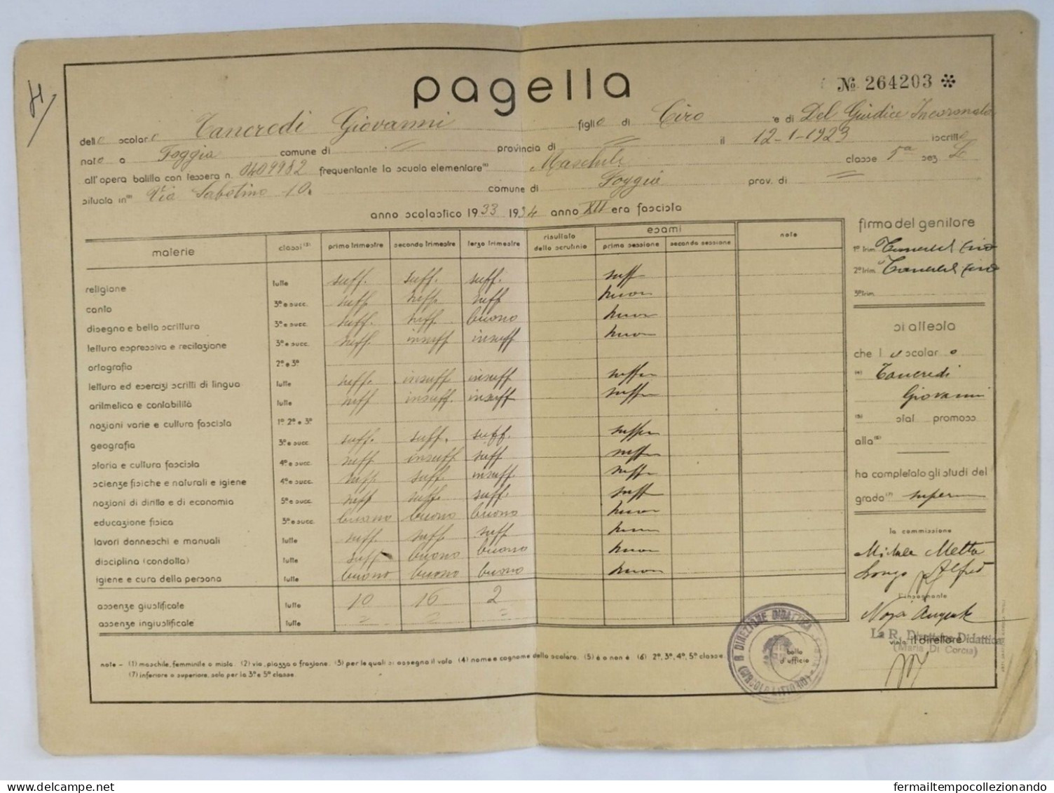 Bp156 Pagella Fascista Regno D'italia Opera Balilla Foggia 1934 - Diplomas Y Calificaciones Escolares