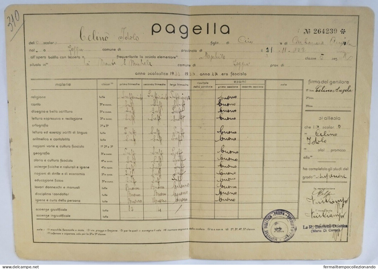 Bp159 Pagella Fascista Regno D'italia Opera Balilla Foggia 1922 - Diplômes & Bulletins Scolaires