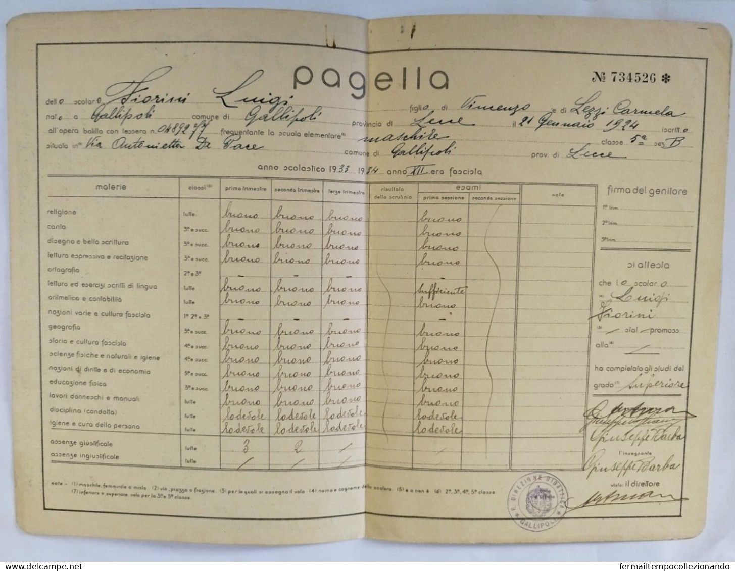 Bp158 Pagella Fascista Regno D'italia Opera Balilla Gallipoli Lecce 1934 - Diploma & School Reports