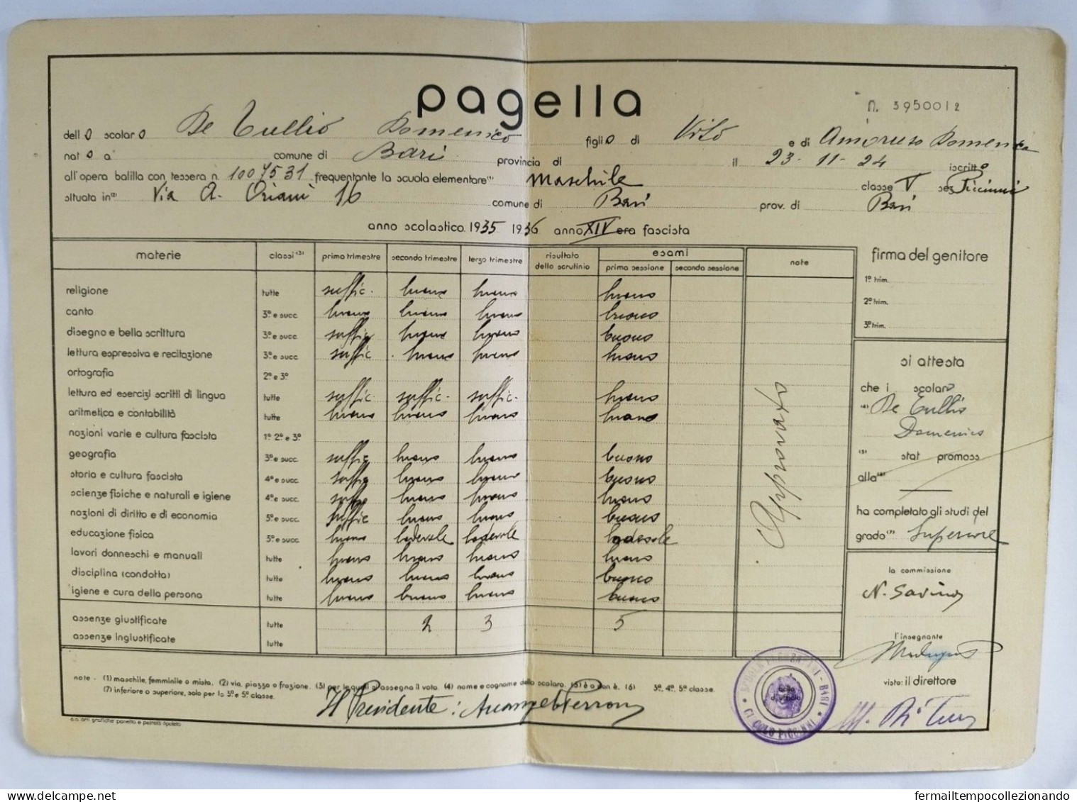 Bp163 Pagella Fascista Regno D'italia Opera Balilla Bari 1936 - Diplomi E Pagelle