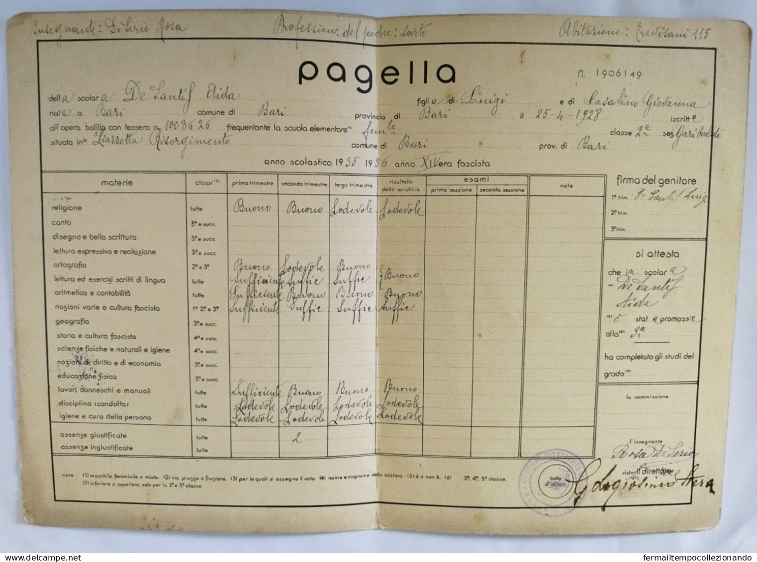 Bp162 Pagella Fascista Regno D'italia Opera Balilla Bari 1936 - Diploma & School Reports